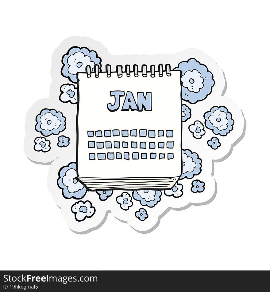 sticker of a cartoon calendar showing month of january