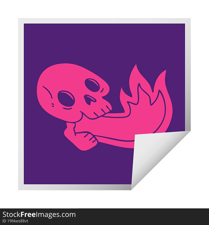 fire breathing peeling sticker of a cartoon skull sticker