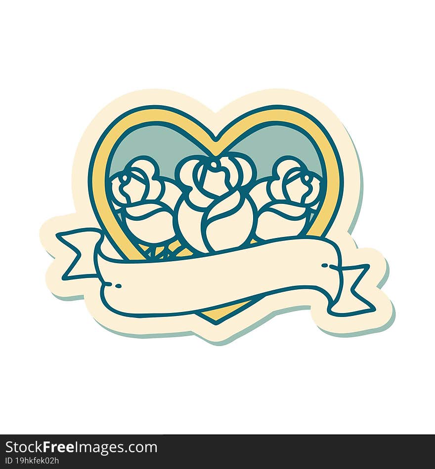 sticker of tattoo in traditional style of a heart and banner with flowers. sticker of tattoo in traditional style of a heart and banner with flowers