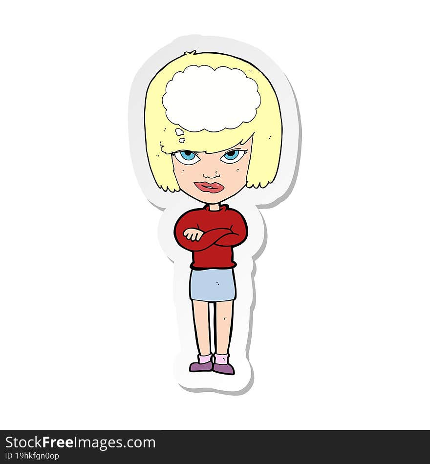 Sticker Of A Cartoon Woman With Folded Arms Imagining