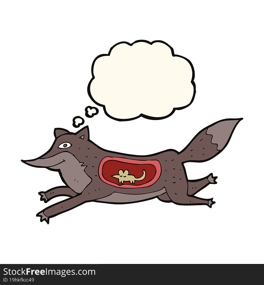 cartoon wolf with mouse in belly with thought bubble