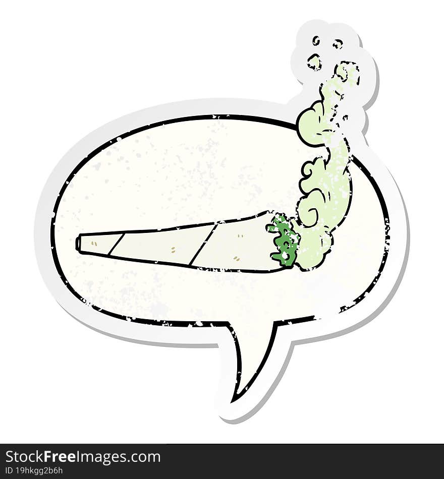 cartoon marijuiana joint and speech bubble distressed sticker