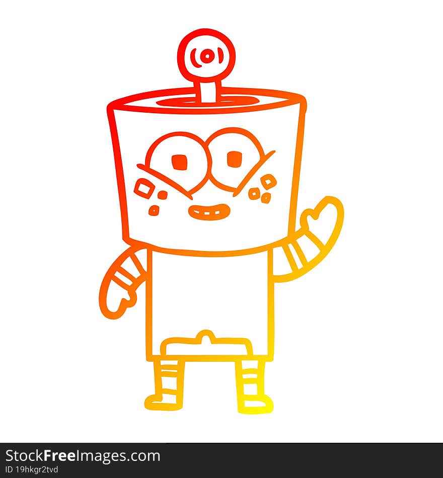 warm gradient line drawing of a happy cartoon robot waving hello