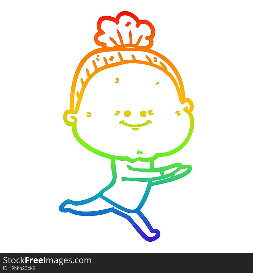 rainbow gradient line drawing of a cartoon happy old woman