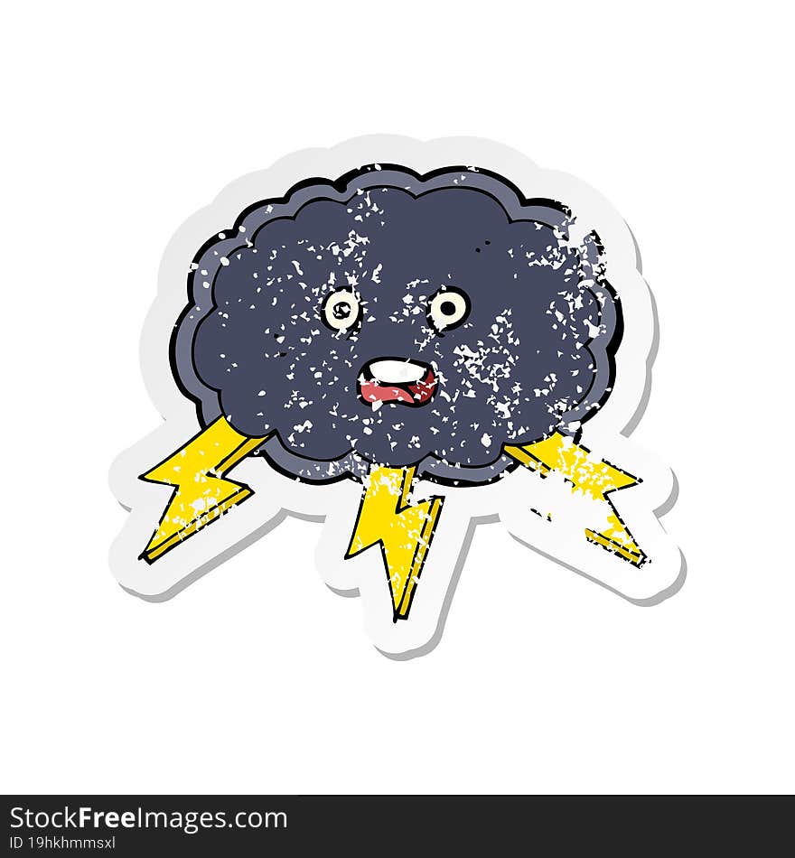 Retro Distressed Sticker Of A Cartoon Cloud And Lightning Bolt Symbol