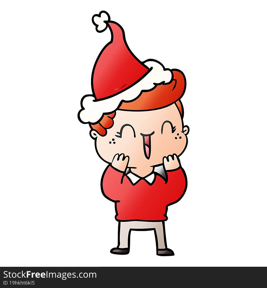 hand drawn gradient cartoon of a laughing boy wearing santa hat