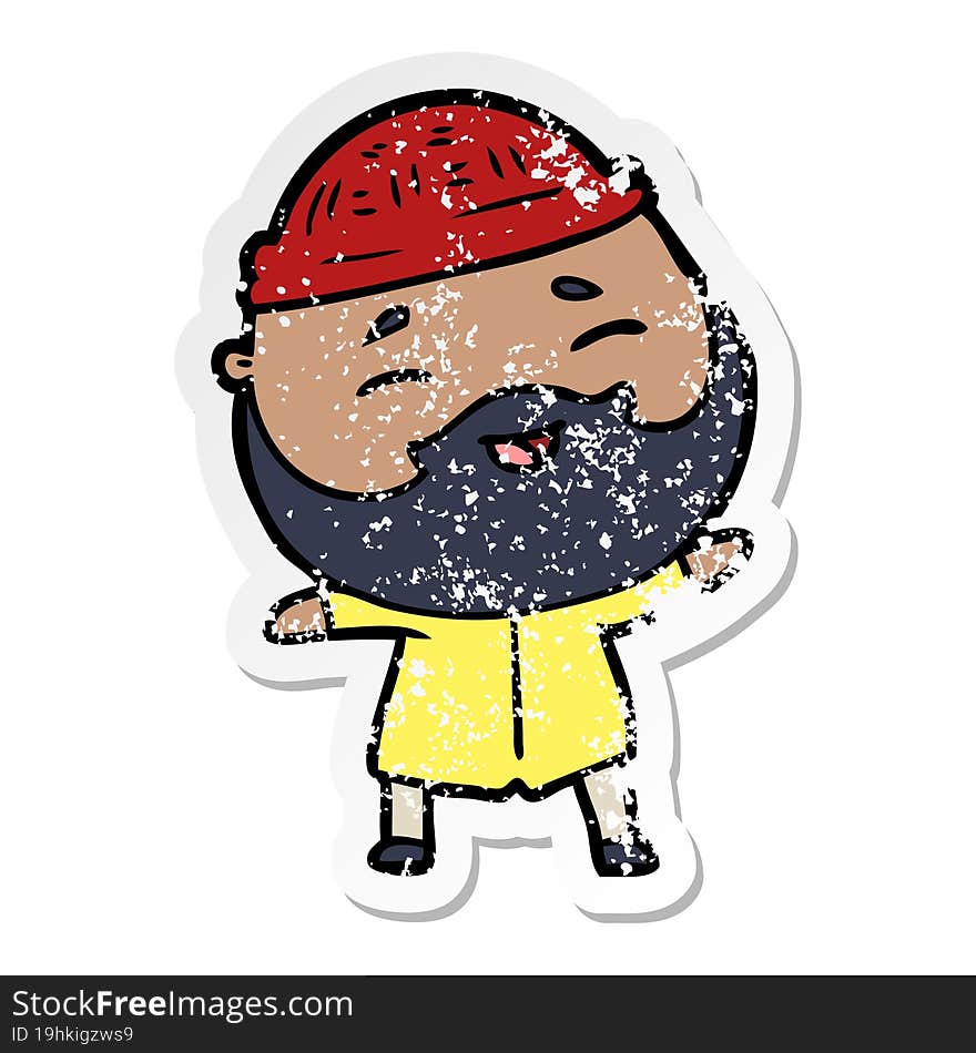 distressed sticker of a cartoon happy bearded man