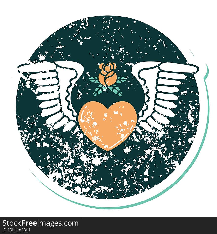 distressed sticker tattoo style icon of a heart with wings