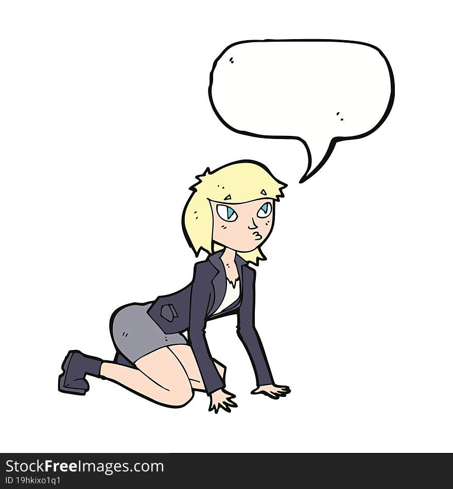 cartoon woman on hands and knees with speech bubble