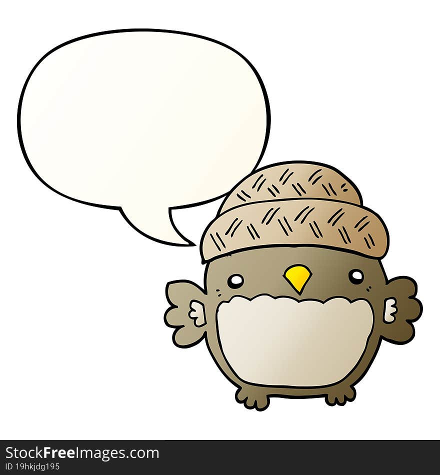 cute cartoon owl in hat with speech bubble in smooth gradient style