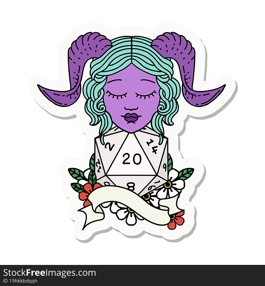 sticker of a tiefling with natural twenty dice roll. sticker of a tiefling with natural twenty dice roll