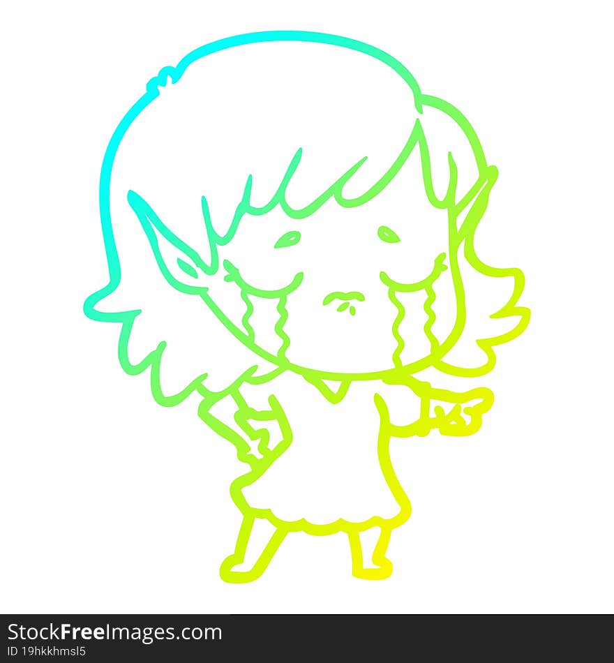 cold gradient line drawing crying cartoon elf girl