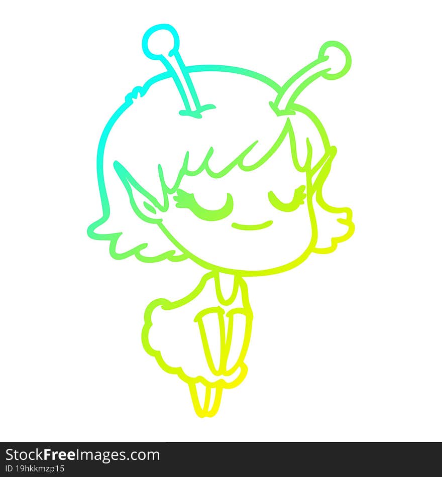 Cold Gradient Line Drawing Smiling Alien Girl Cartoon