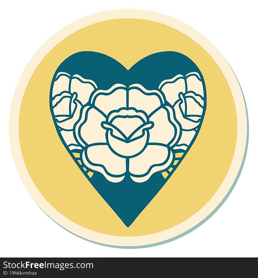 sticker of tattoo in traditional style of a heart and flowers. sticker of tattoo in traditional style of a heart and flowers