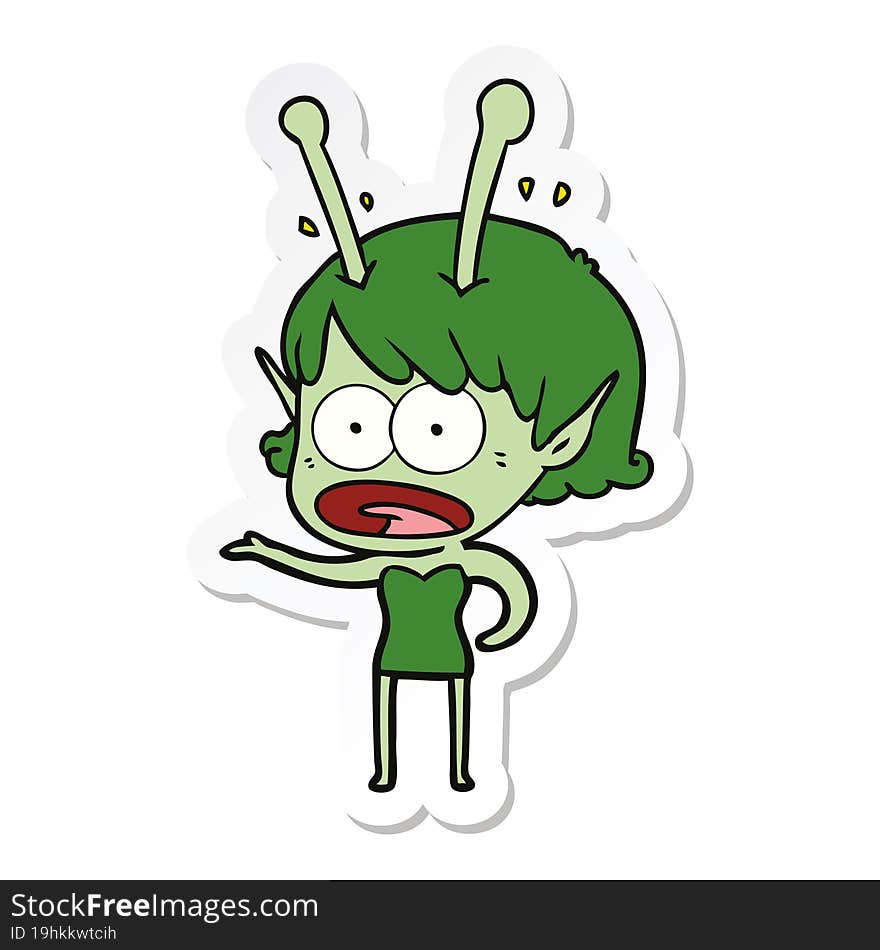 sticker of a cartoon shocked alien girl