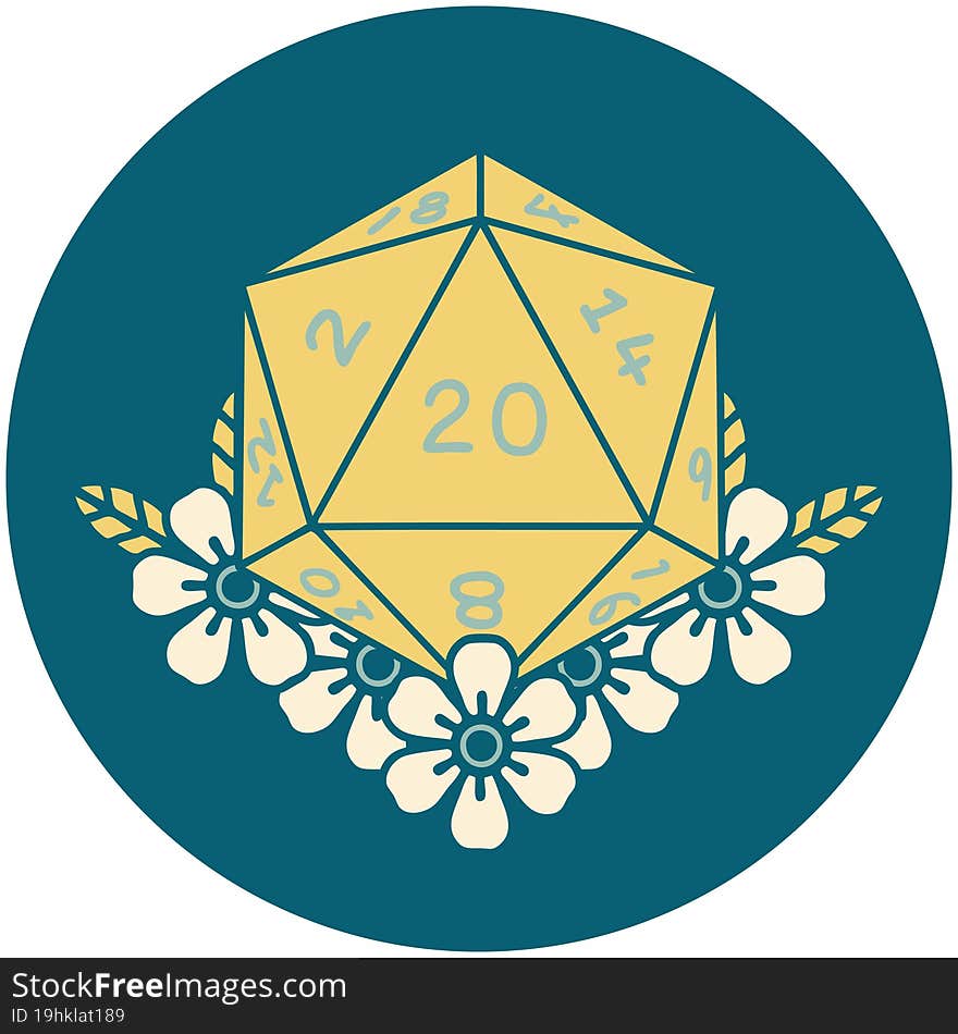 Natural 20 D20 Dice Roll With Floral Elements Illustration