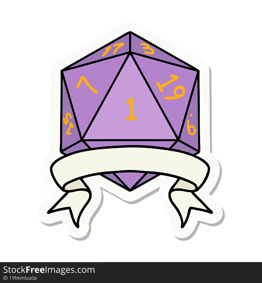 sticker of a natural one d20 dice roll. sticker of a natural one d20 dice roll