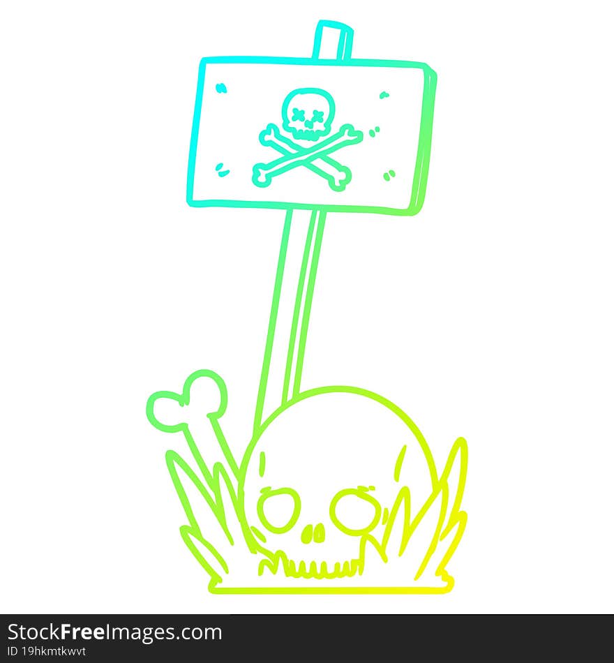 cold gradient line drawing of a cartoon skull bones and warning sign