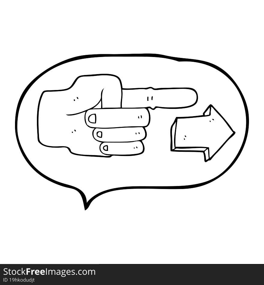 freehand drawn speech bubble cartoon pointing hand with arrow