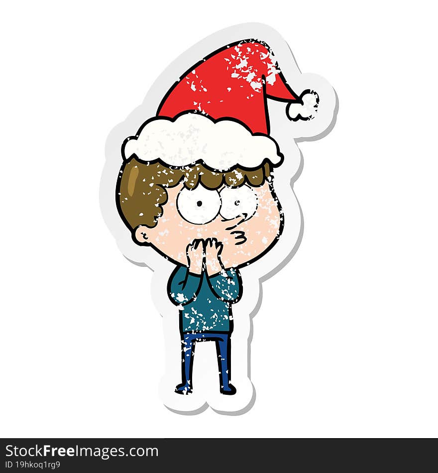 distressed sticker cartoon of a curious boy wearing santa hat