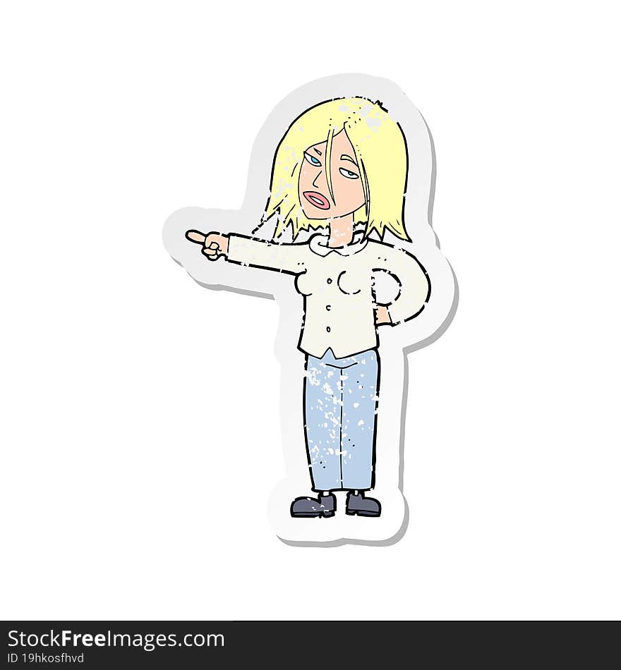 Retro Distressed Sticker Of A Cartoon Woman Pointing