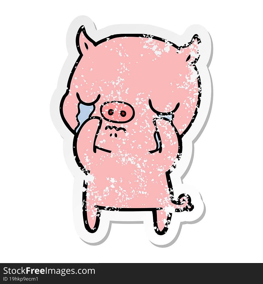 distressed sticker of a cartoon pig crying
