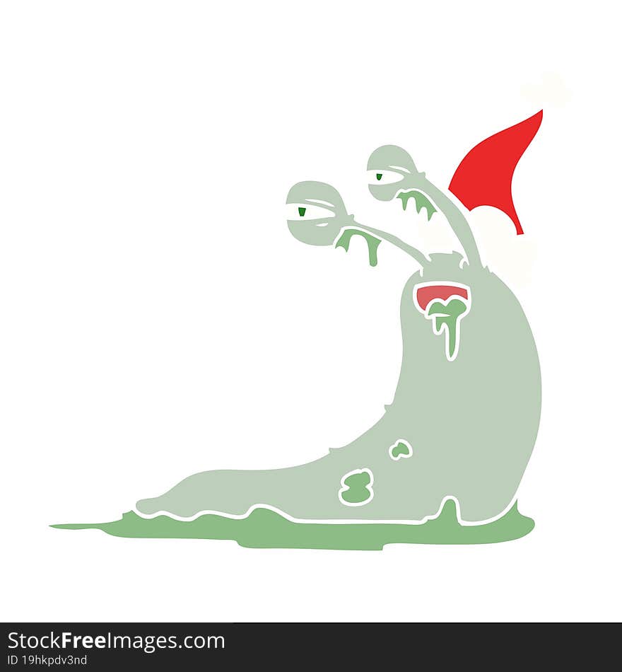 gross flat color illustration of a slug wearing santa hat