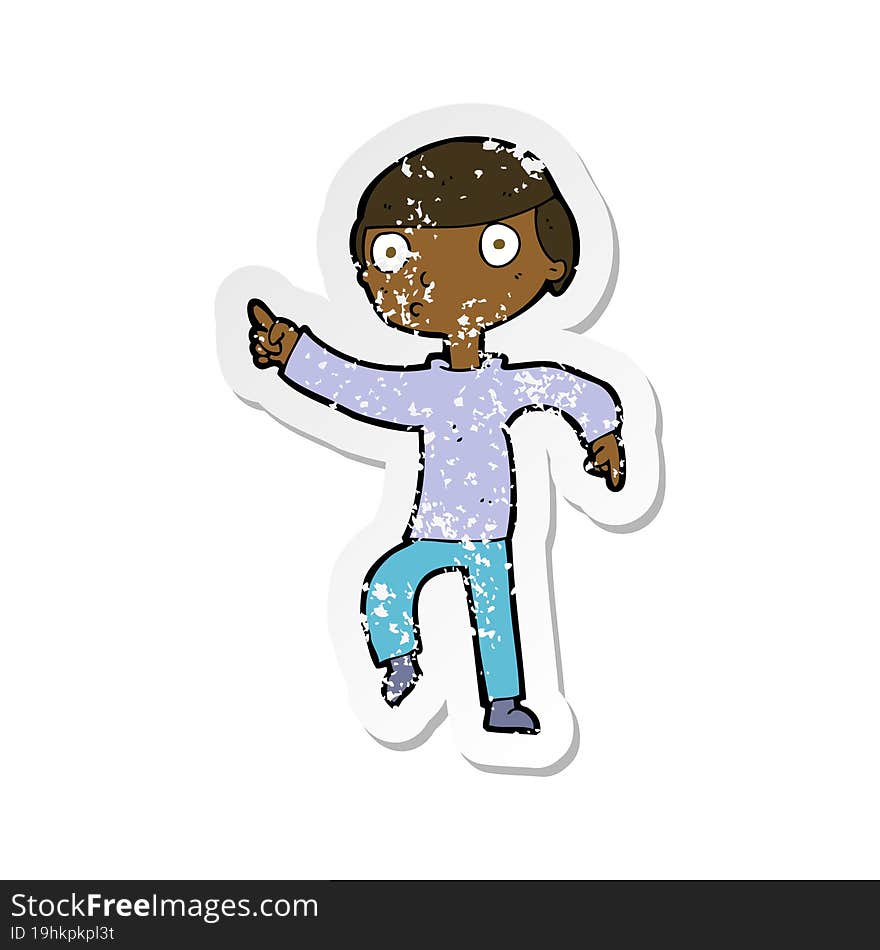 retro distressed sticker of a cartoon boy pointing