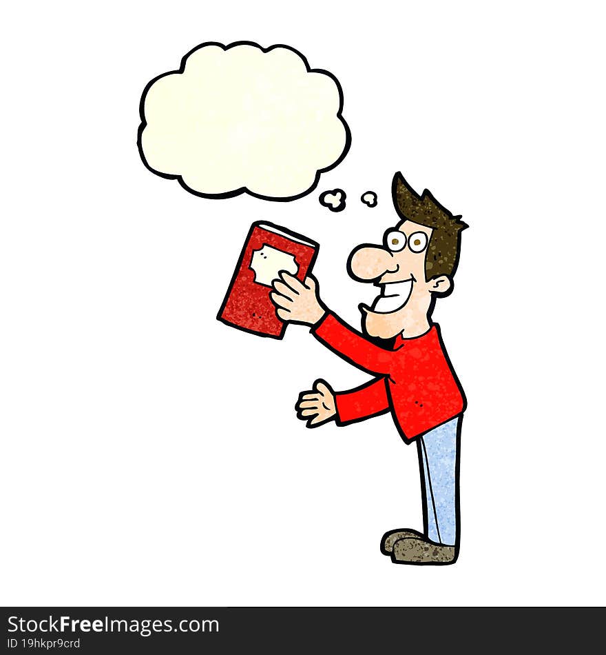 cartoon man with book with thought bubble