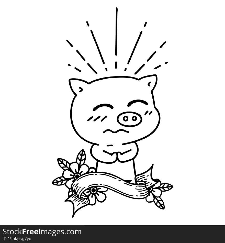 banner with black line work tattoo style nervous pig character