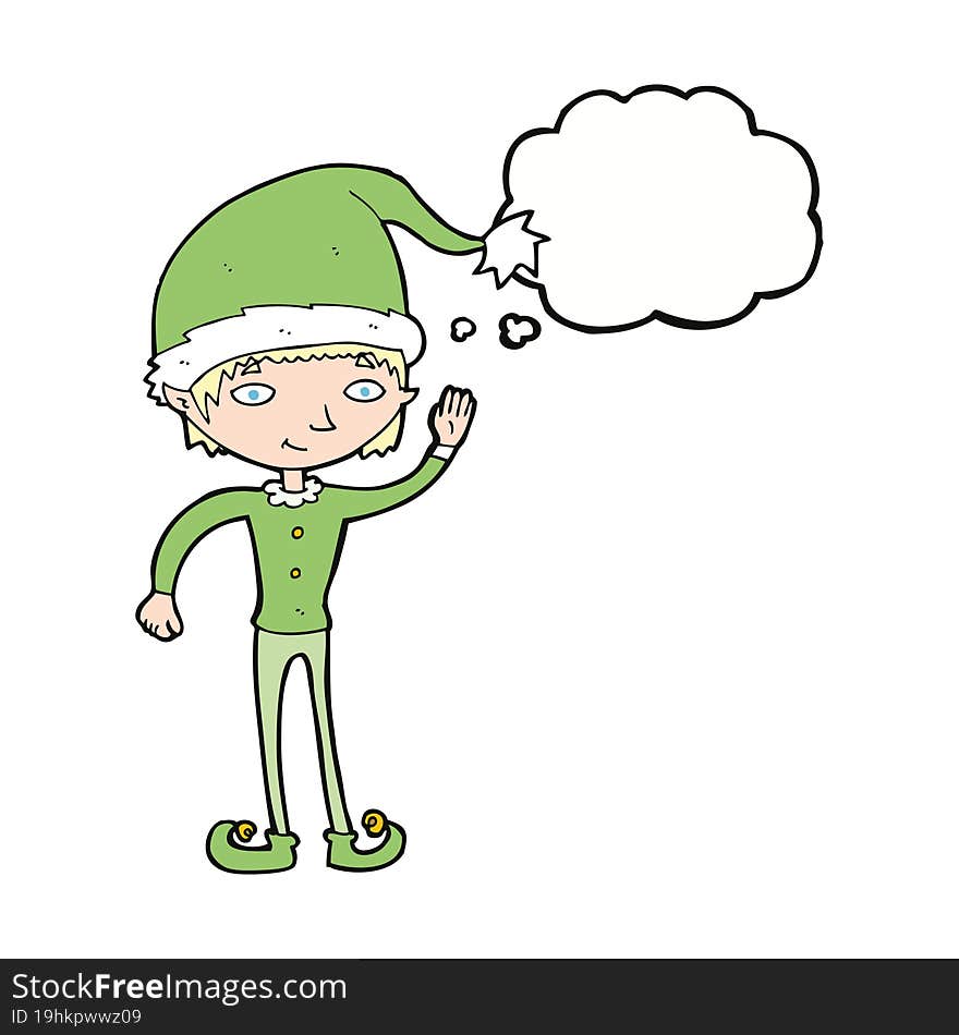 cartoon waving christmas elf with thought bubble