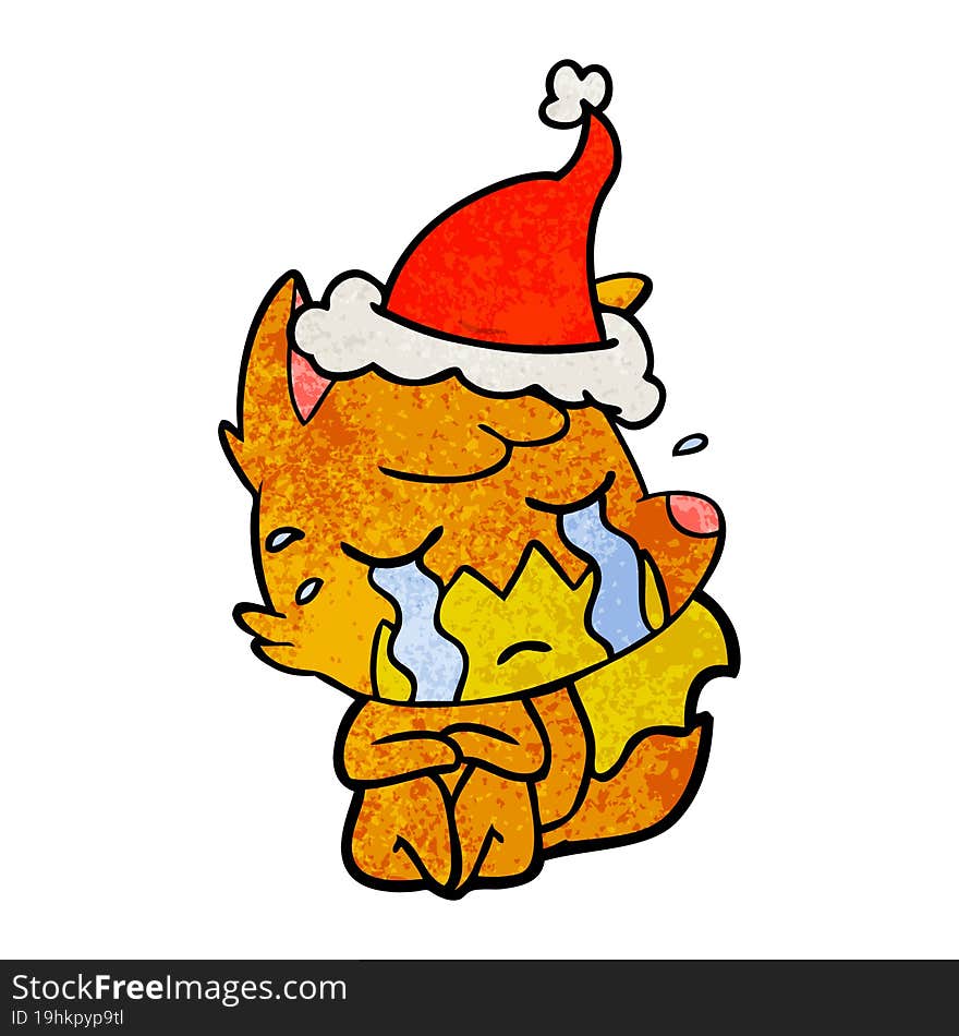 crying fox textured cartoon of a wearing santa hat