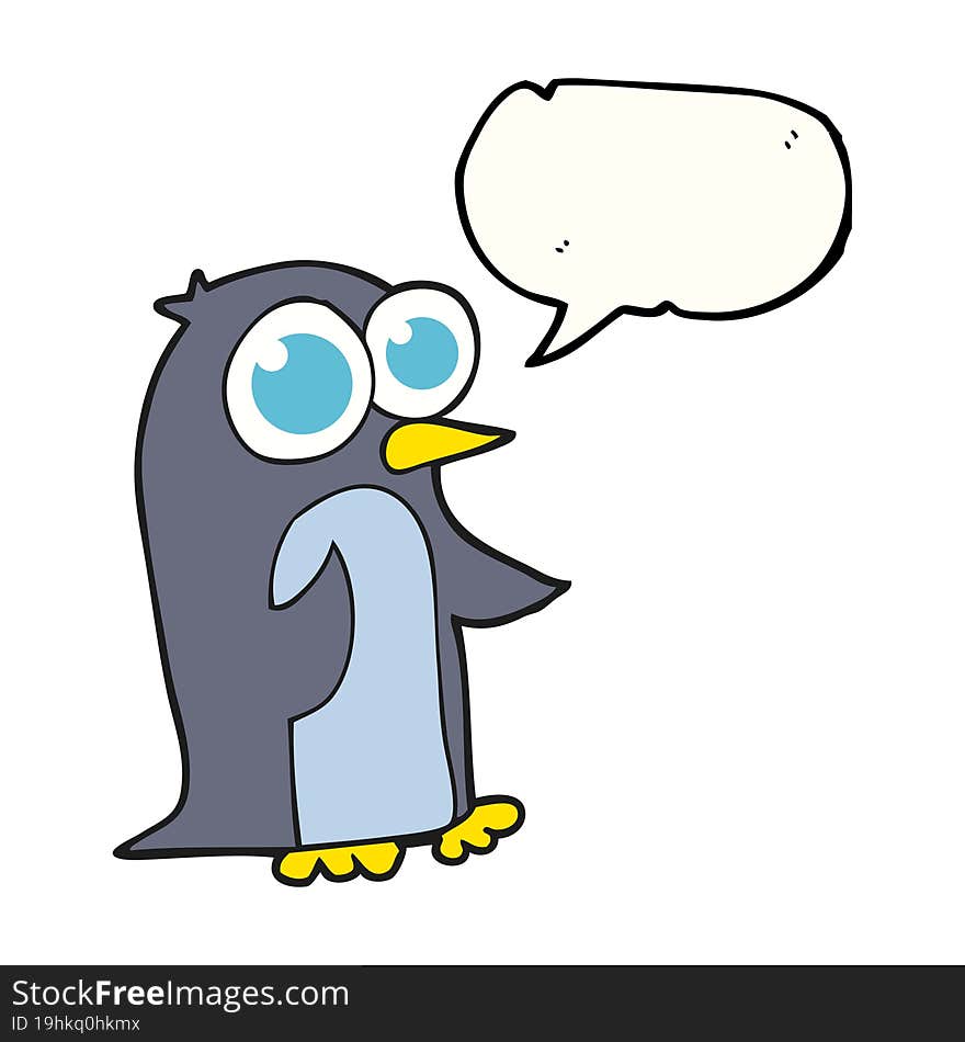 freehand drawn speech bubble cartoon penguin with big eyes