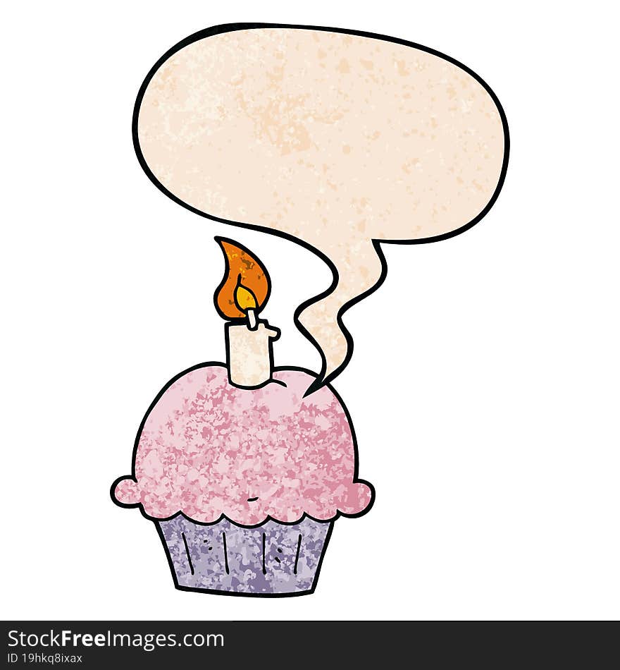 Cartoon Birthday Cupcake And Speech Bubble In Retro Texture Style