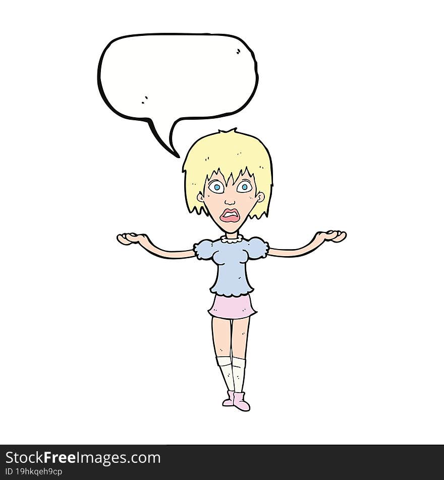 cartoon woman shrugging shoulders with speech bubble