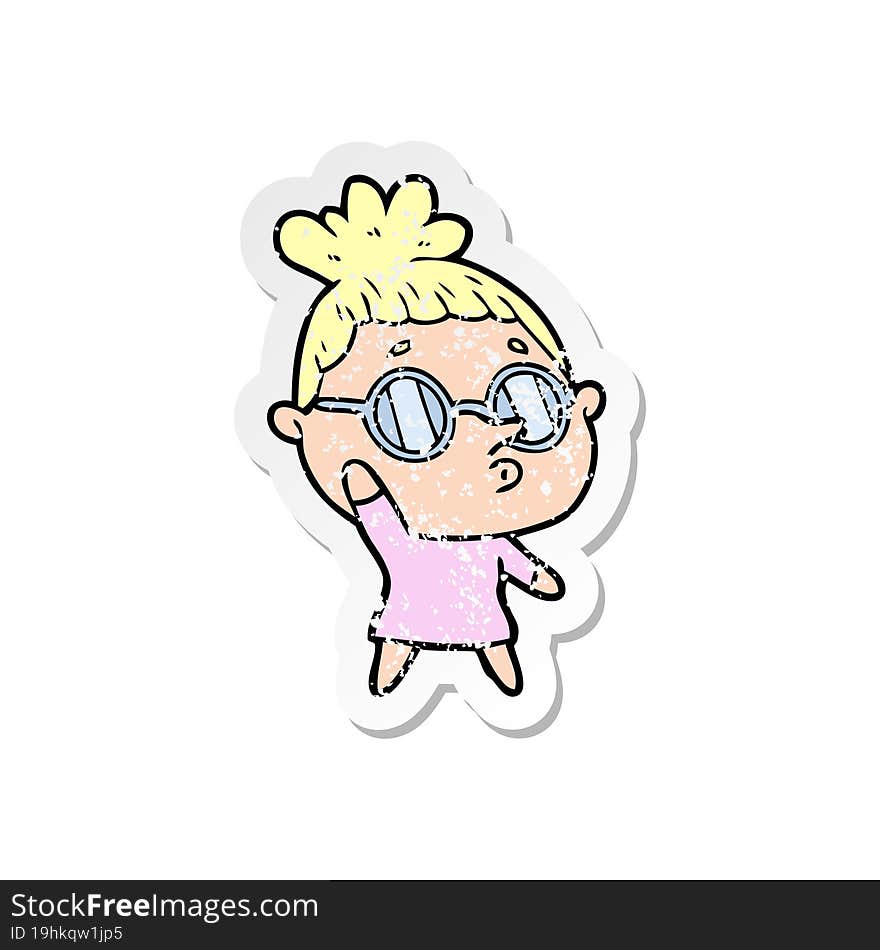 Distressed Sticker Of A Cartoon Woman Wearing Glasses