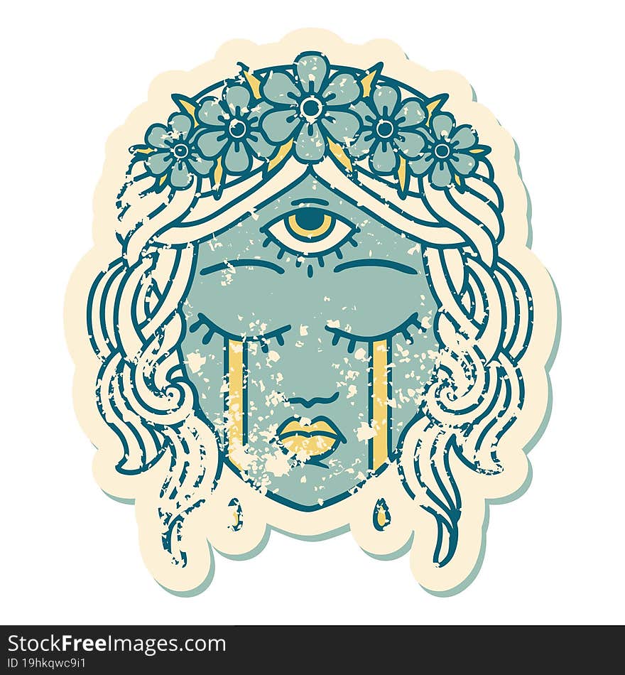 distressed sticker tattoo style icon of female face with third eye crying