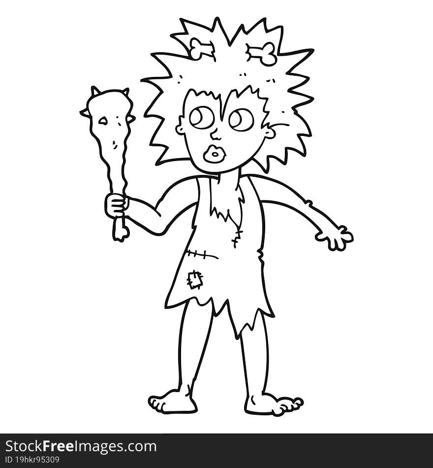 freehand drawn black and white cartoon cave woman