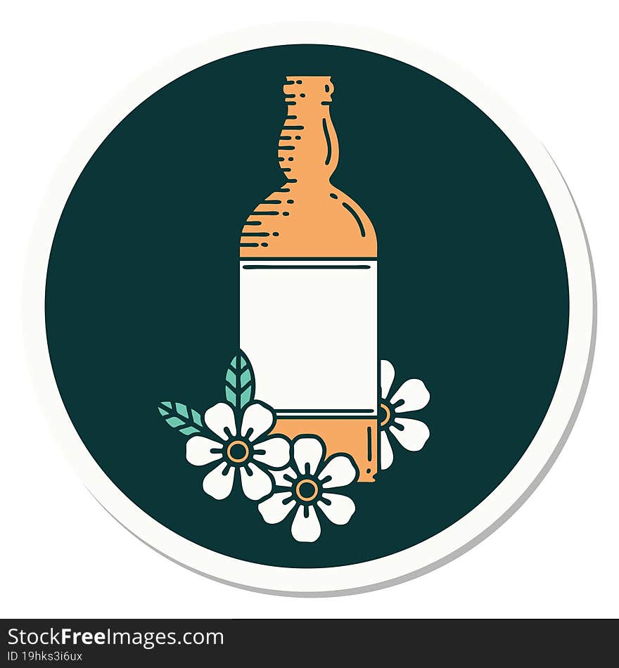 tattoo style sticker of a rum bottle and flowers