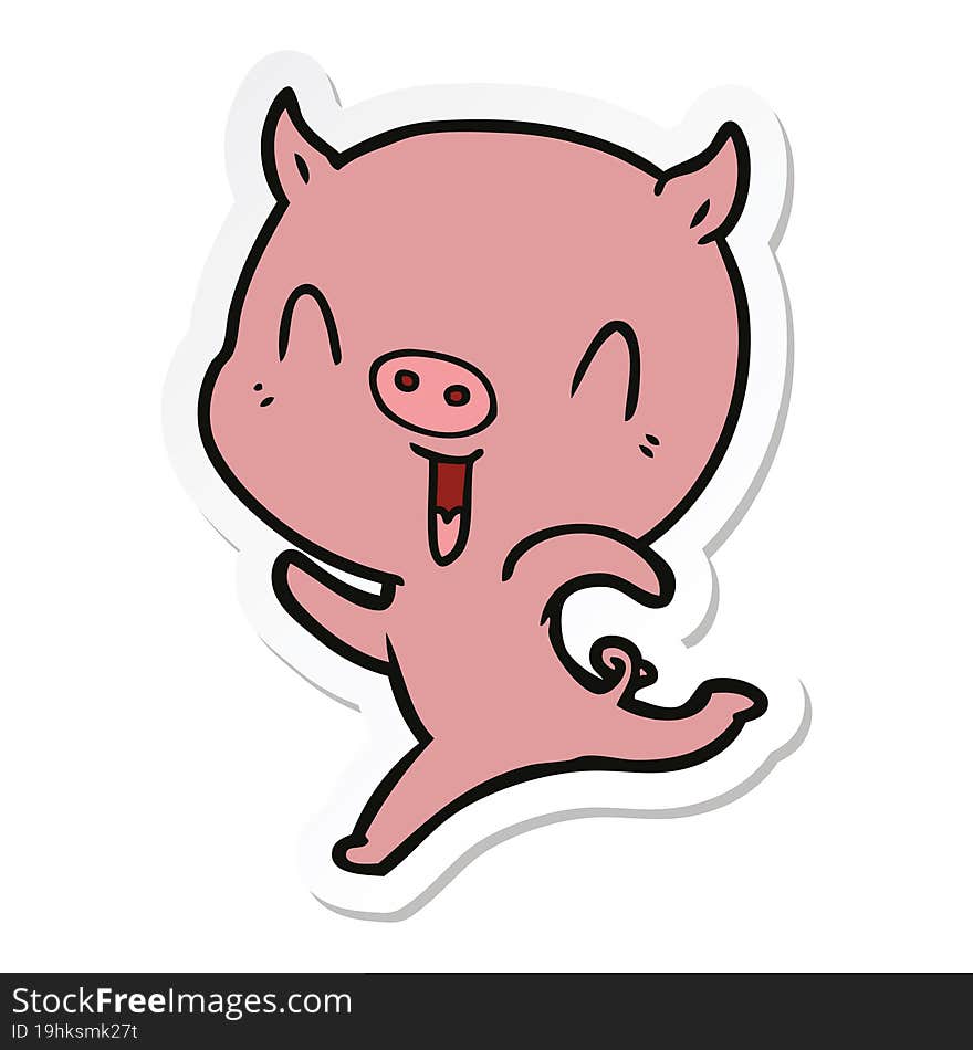 sticker of a happy cartoon pig running