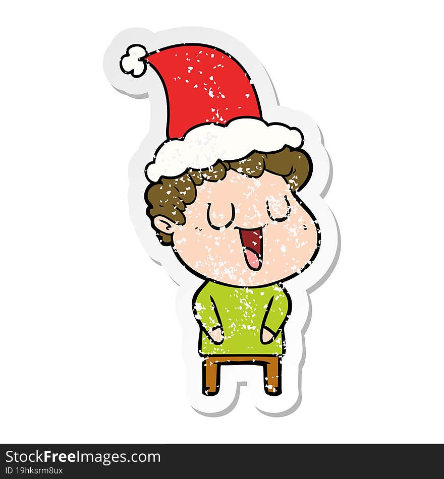 laughing hand drawn distressed sticker cartoon of a man wearing santa hat. laughing hand drawn distressed sticker cartoon of a man wearing santa hat