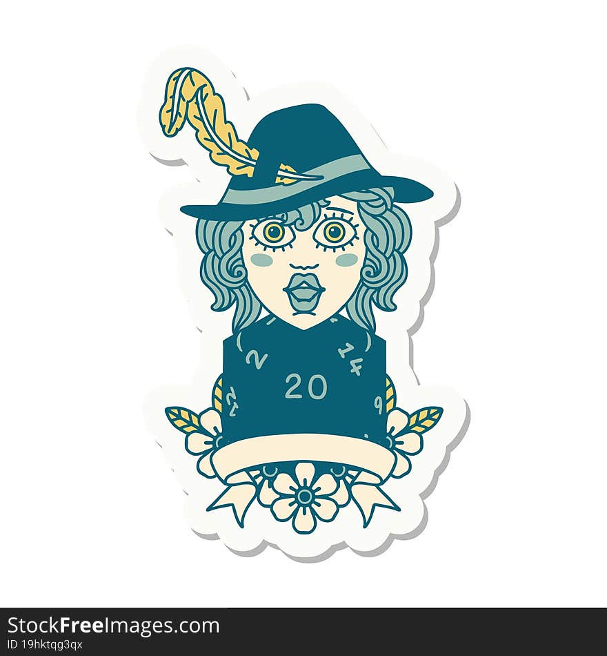 human bard character with natural 20 dice roll sticker