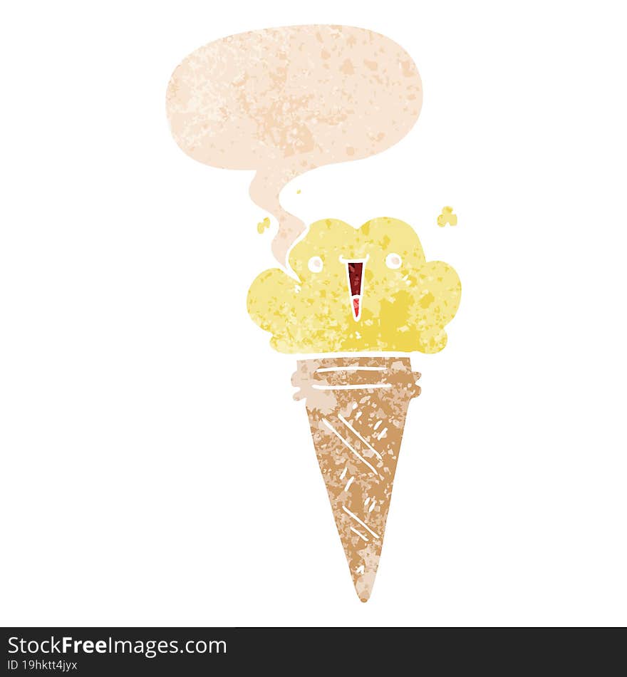 cartoon ice cream with face and speech bubble in retro textured style