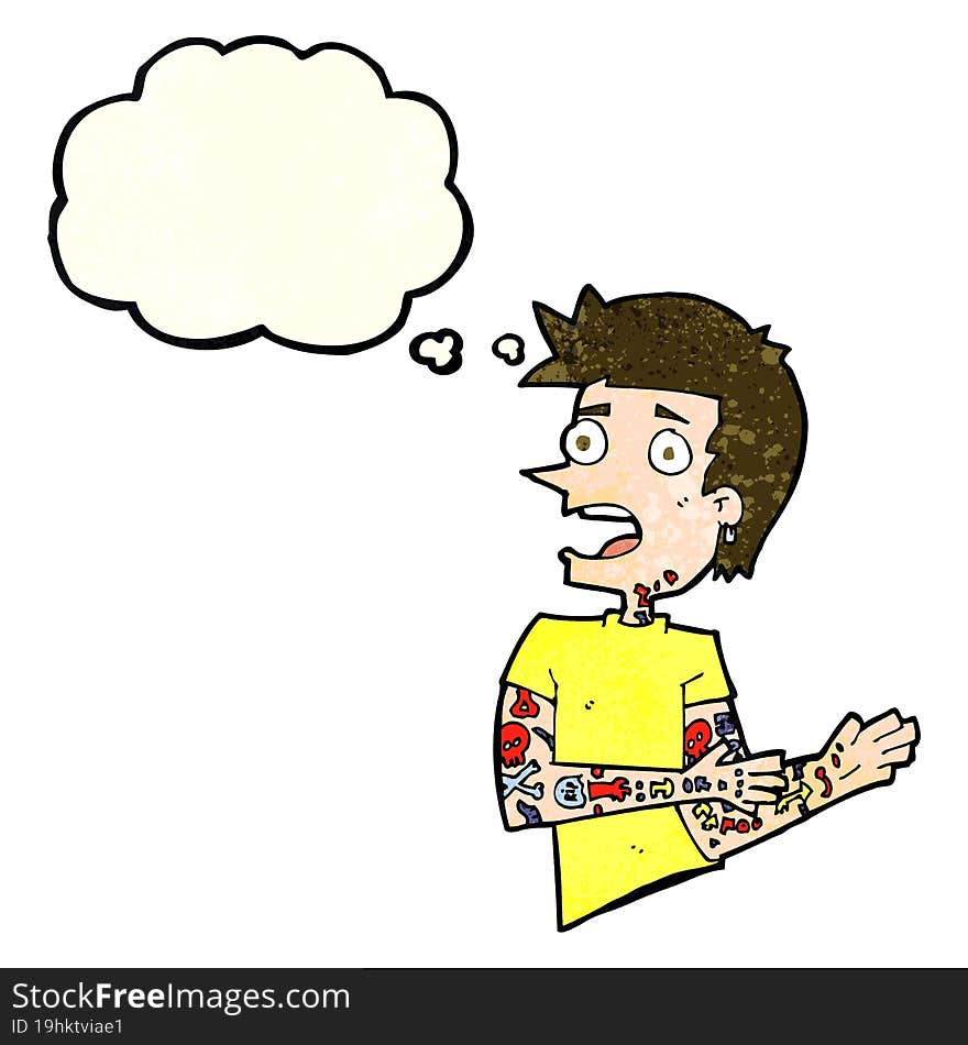 cartoon man with tattoos with thought bubble