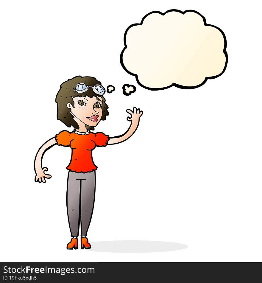 cartoon pilot woman waving with thought bubble