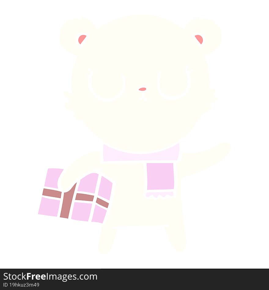 peaceful flat color style cartoon polar bear with christmas gift