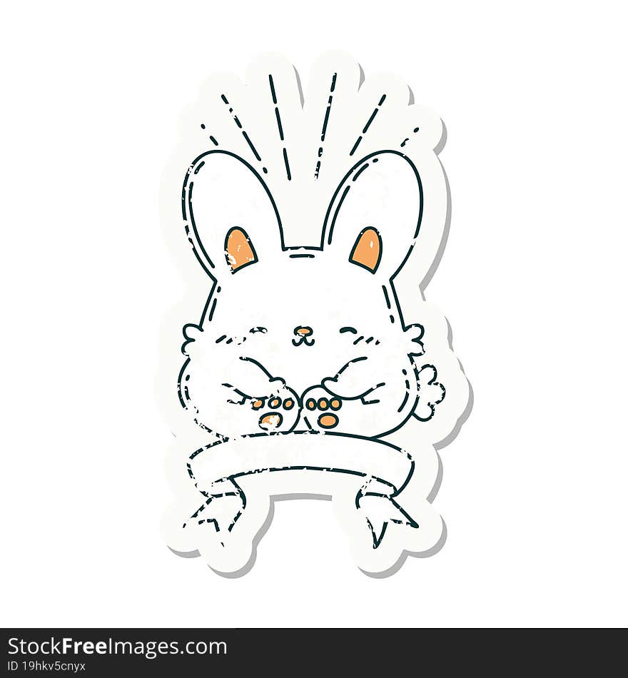 worn old sticker of a tattoo style happy rabbit. worn old sticker of a tattoo style happy rabbit