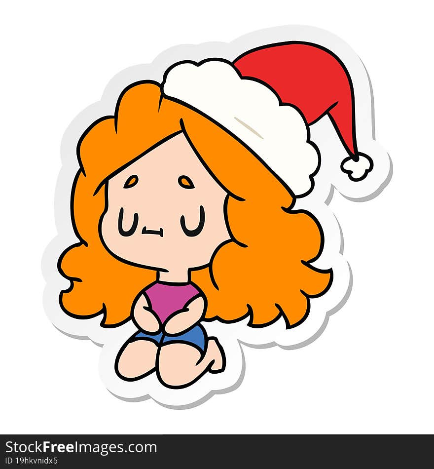 hand drawn christmas sticker cartoon of kawaii girl