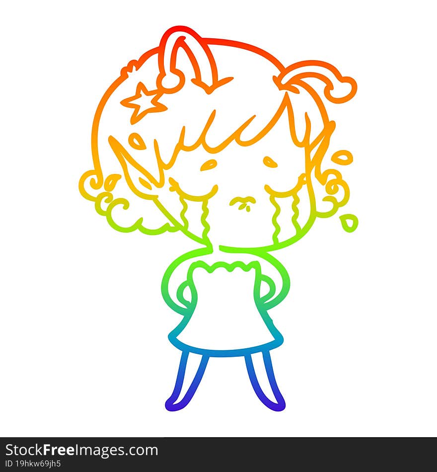 rainbow gradient line drawing cartoon crying alien girl