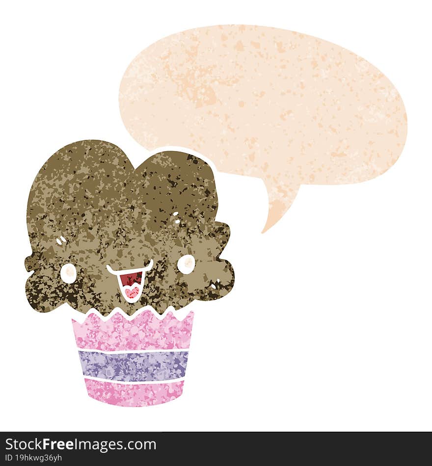 cartoon cupcake with face and speech bubble in retro textured style